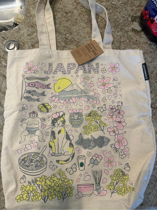Starbucks Handbags - Starbucks Canvas Tote Bag with Pink, Yellow, Black, Gray Illustrations